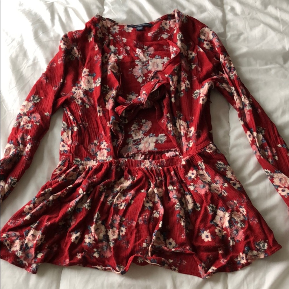 Long sleeve red cutout tie top